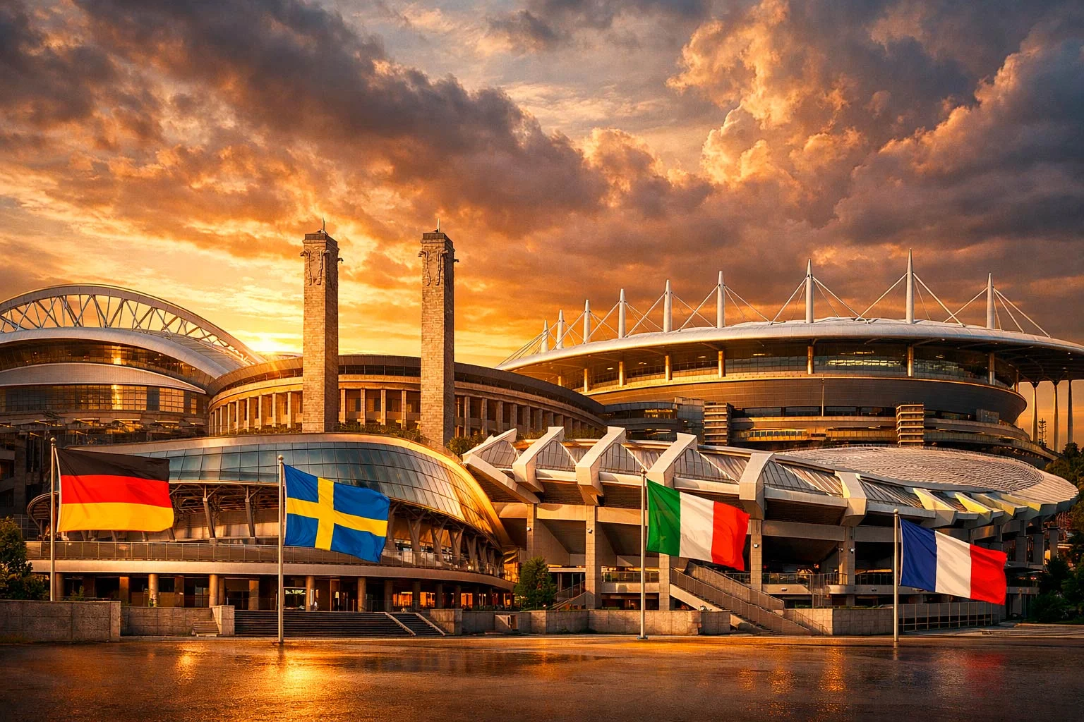 Europäische Fussballstadien im Überblick mit verschiedenen Nationalflaggen