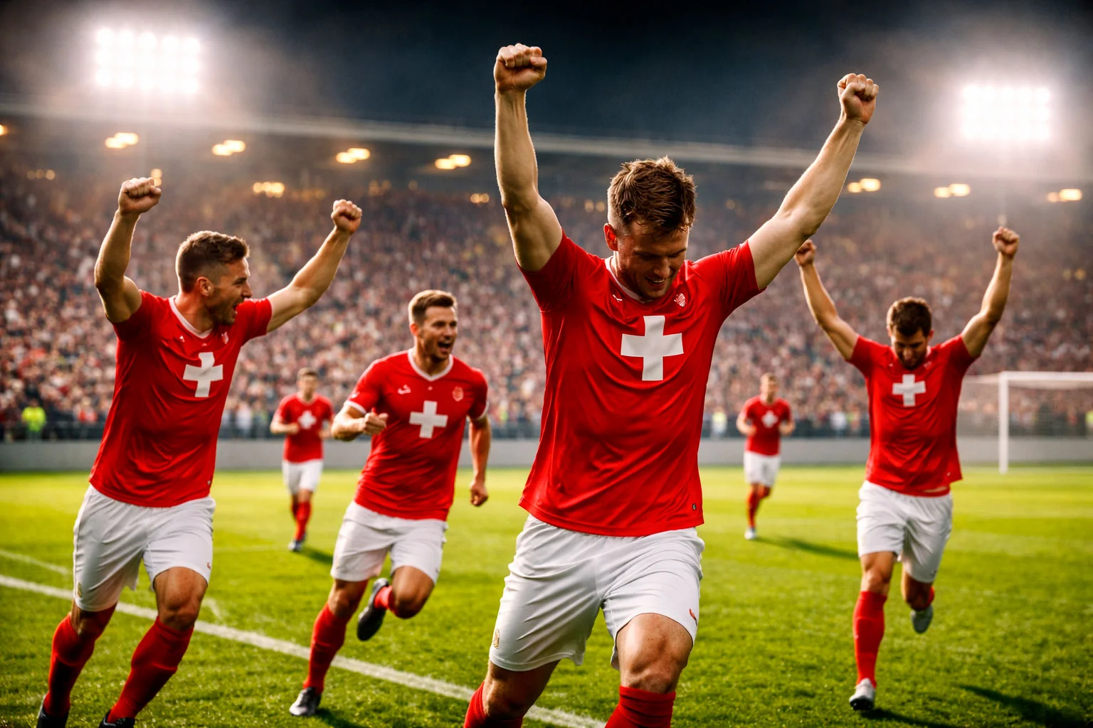 Schweizer Nationalmannschaft Spieler im roten Trikot mit Schweizer Kreuz