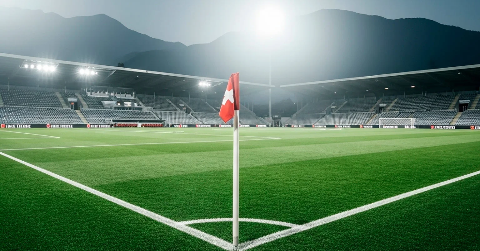 Schweizer Fussballstadion bei Flutlicht mit grünem Rasen