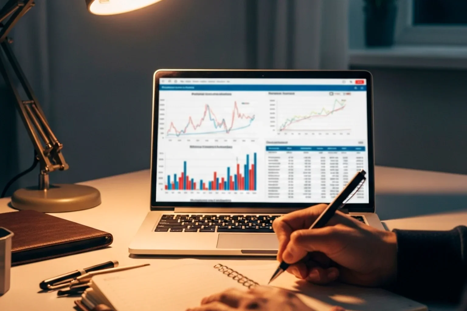 Person macht Notizen in einem Notizbuch neben einem Laptop mit Fussballstatistiken