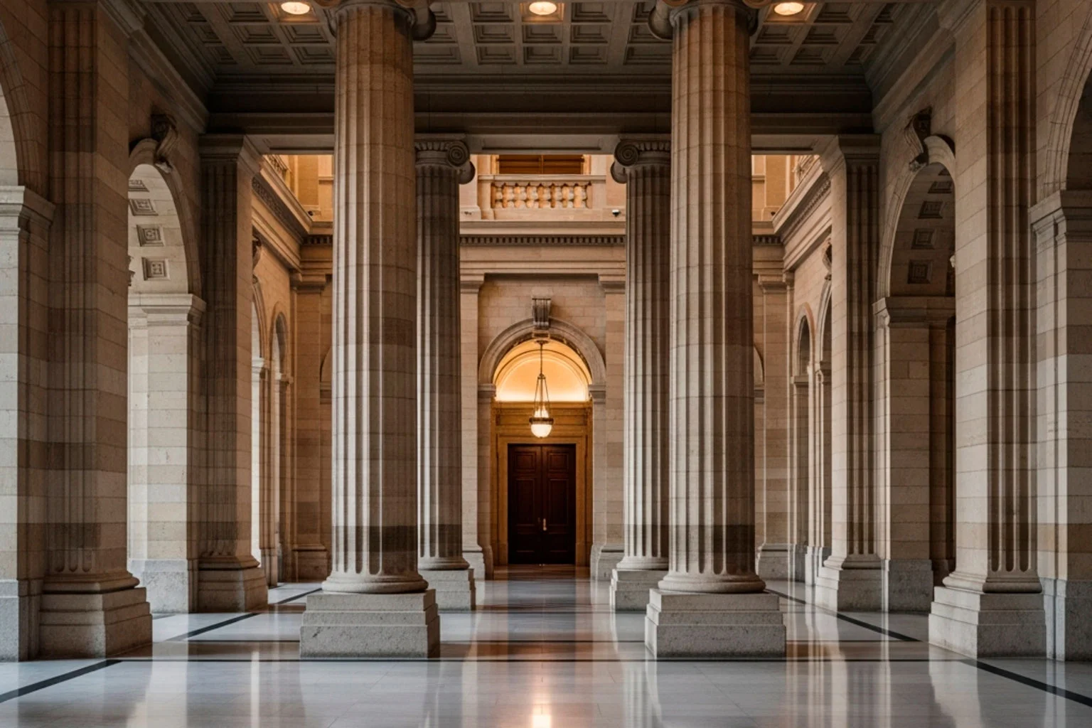 Vier massive Steinsäulen eines Schweizer Regierungsgebäudes als Symbol für die Gesetzesgrundlagen