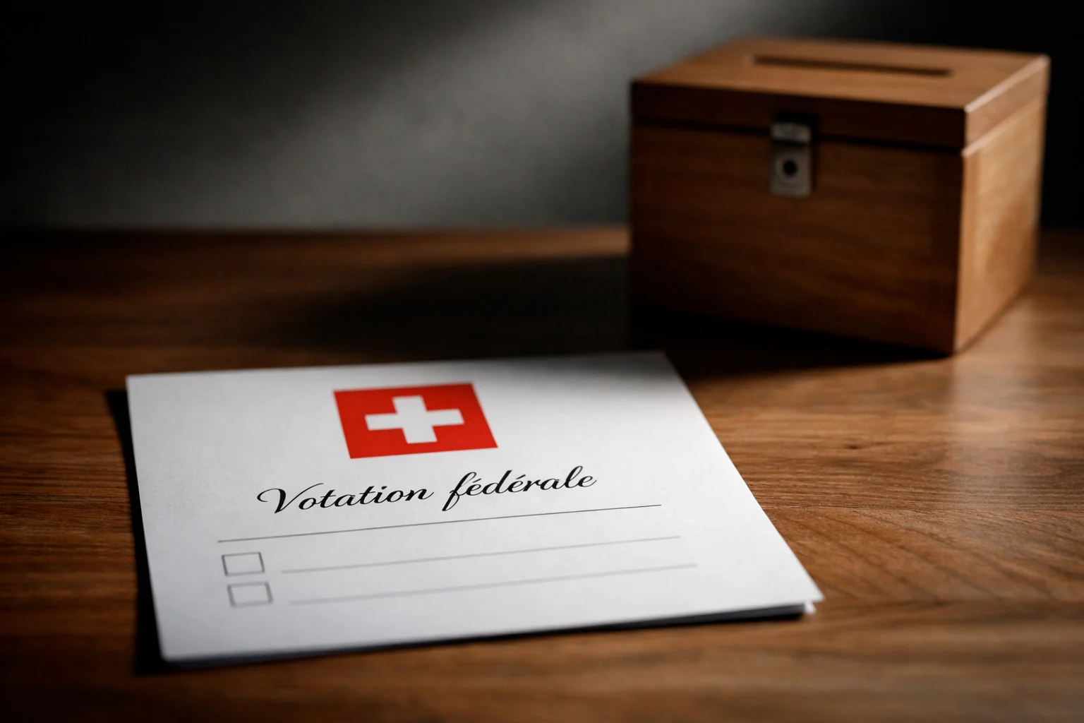 Schweizer Stimmzettel und Wahlurne bei einer Volksabstimmung