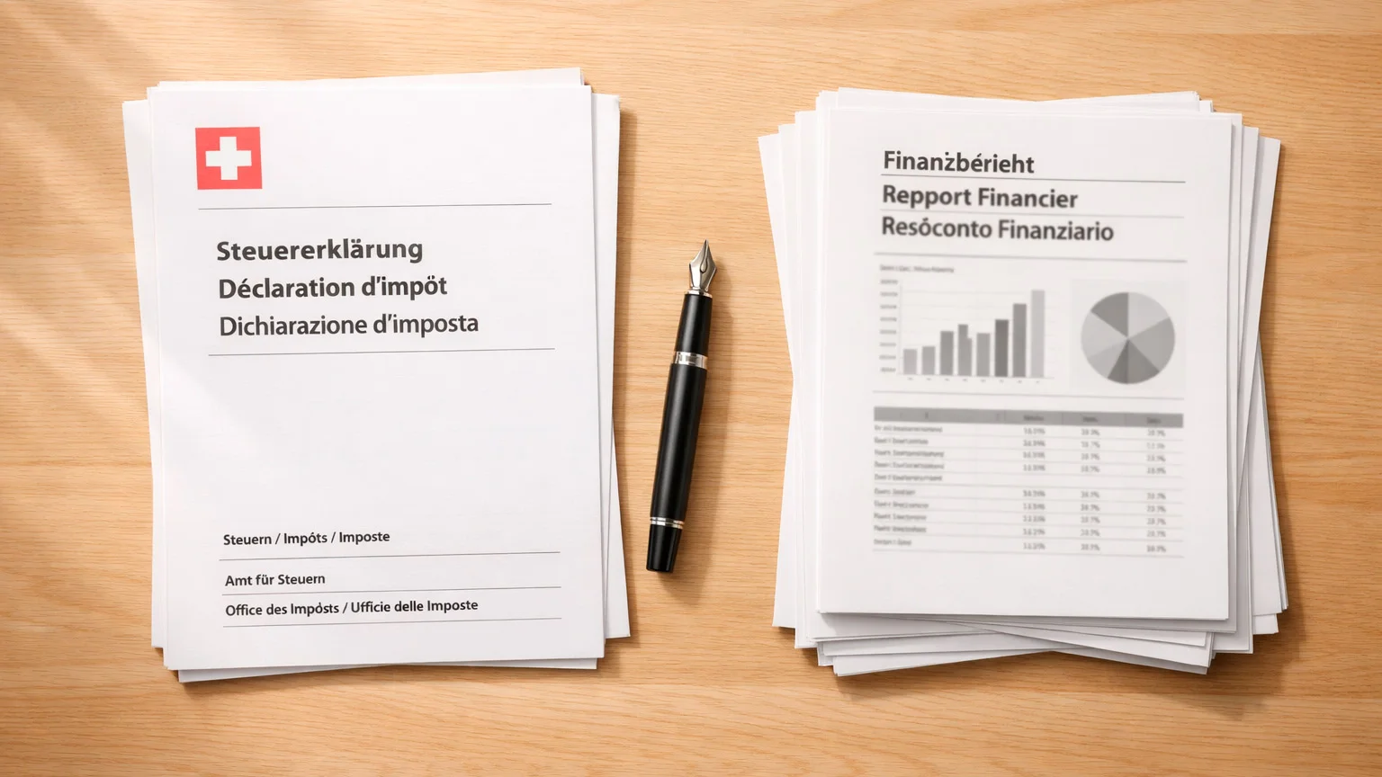 Schweizer Franken Banknoten und Steuerformulare symbolisch dargestellt